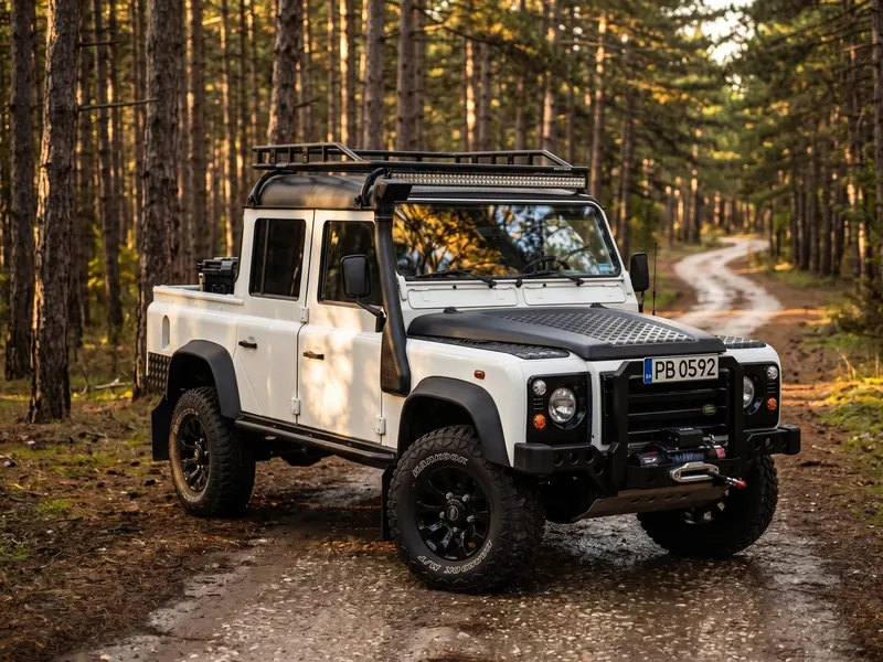 White Land Rover Defender 110 Crew Cab pick-up with a black hood on a forest track in golden light